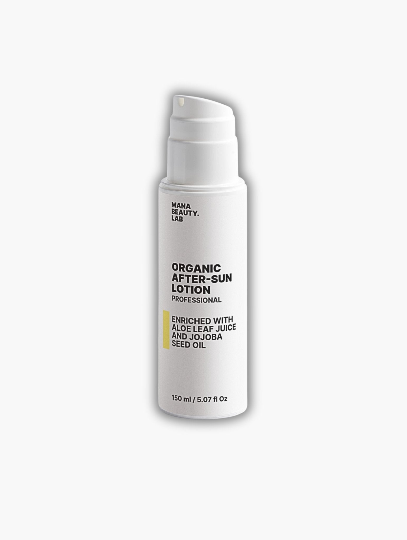 Organic after-sun lotion by MANA BEAUTY.LAB in white bottle on neutral background